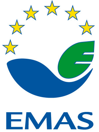 Zu sehen ist das EMAS Logo. Es zertifiziert das Umweltmanagement der Universität.