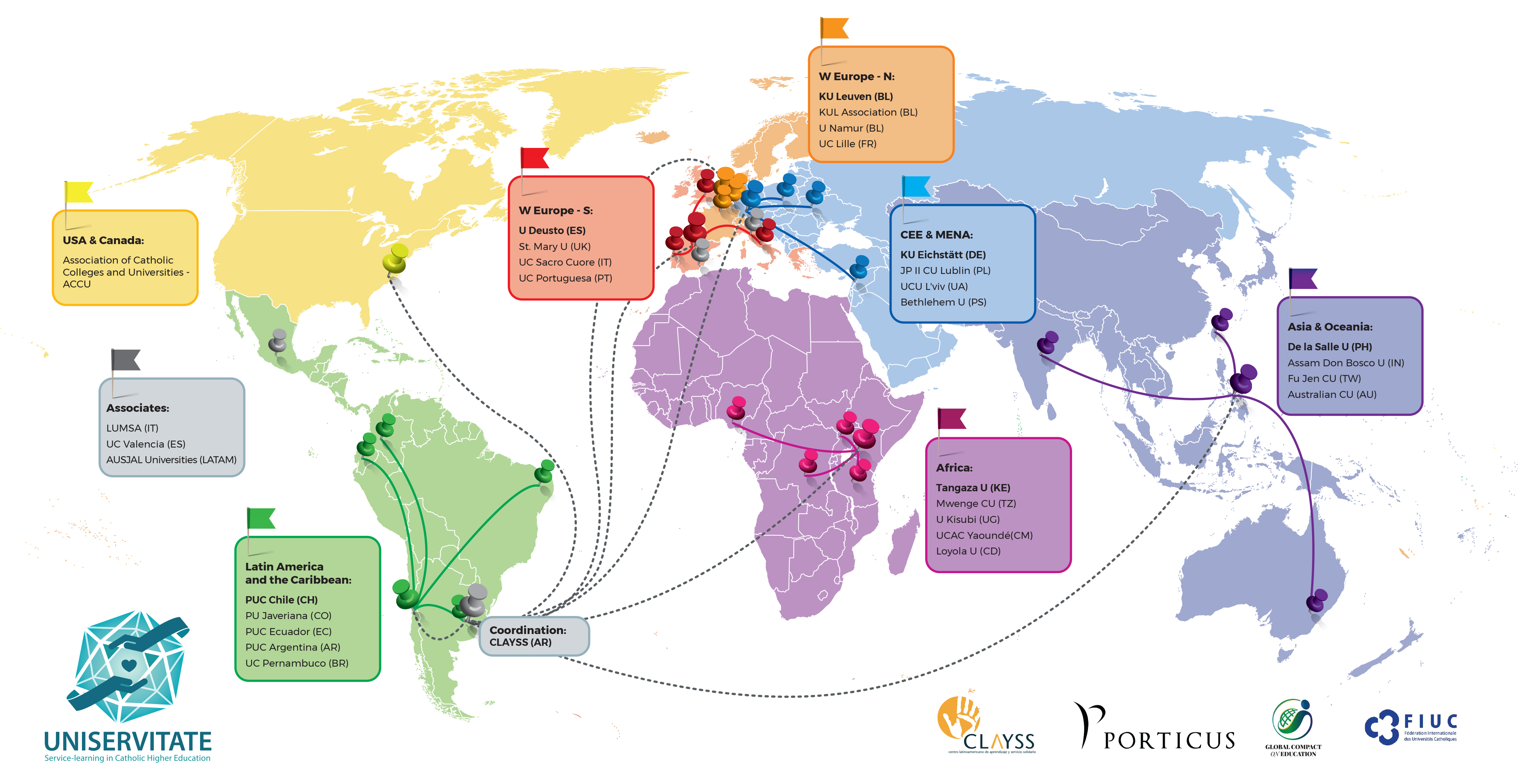 Weltkarte mit den regionalen Hubs des UNISERVITATE Netzwerks