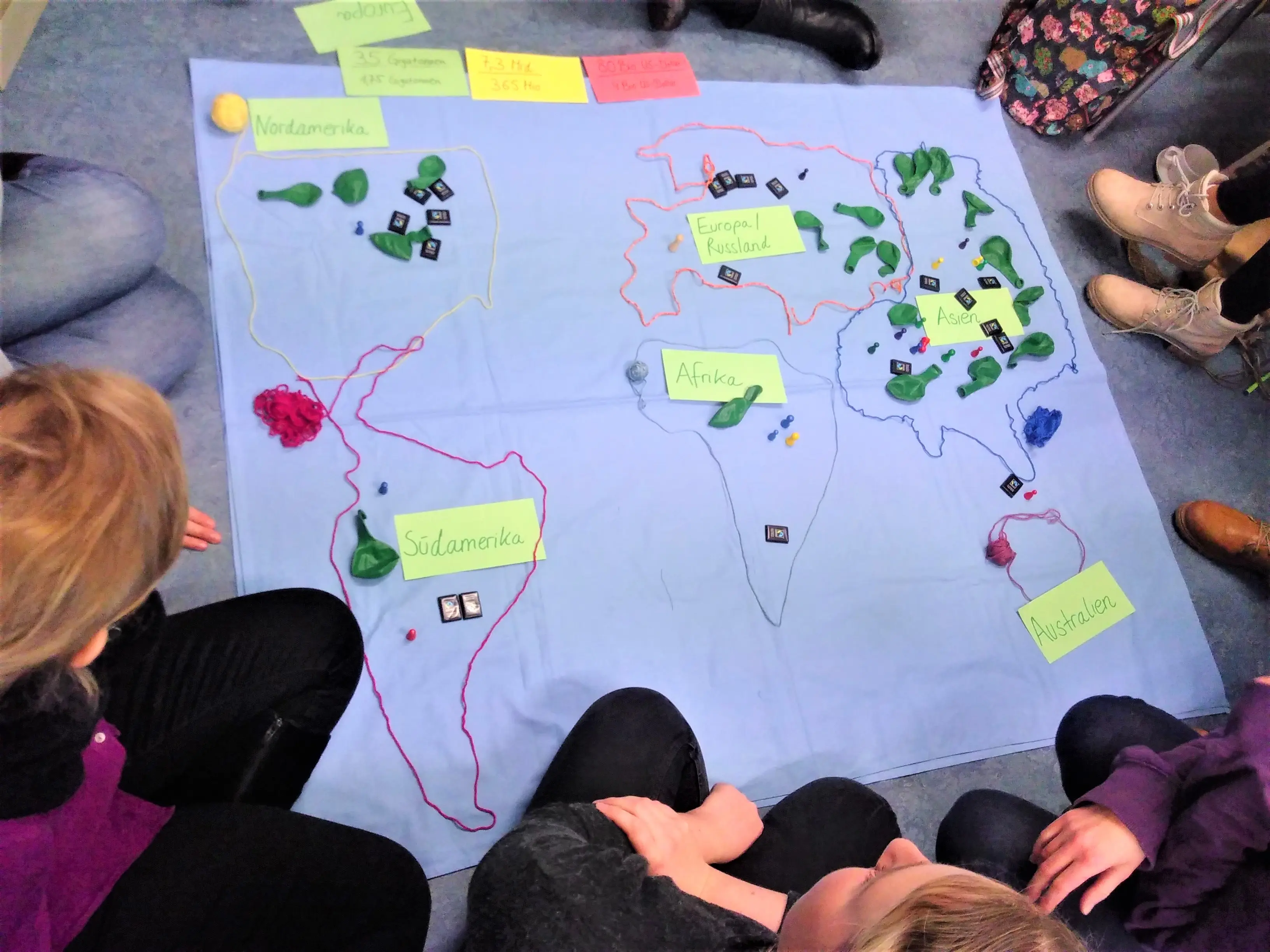 Verteilung von Bevölkerung, Einkommen und CO2-Ausstoß weltweit (Ökoprojekt Mobilspiel)