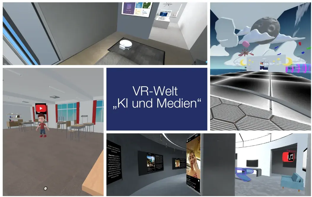 Das Bild zeigt Screenshots verschiedener Räume der VR-Welt. In der Mitte steht "VR-Welt ,KI und Medien'"