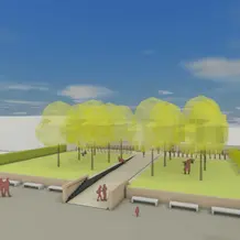 Der Haupteingang der Katholischen Universität am Eichstätter Campus erhält eine lange Rampe zur Freifläche vor den Kollegiengebäuden, die einen barrierefreien Zugang ermöglicht. (Illustration: Hackl Hofmann Landschaftsarchitekten)