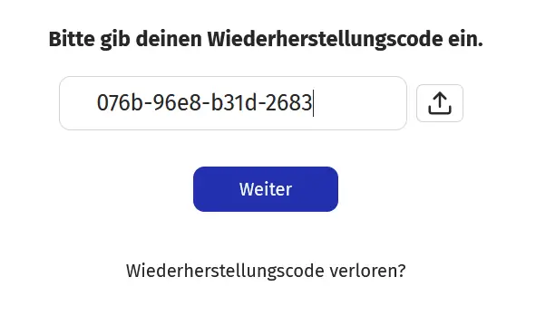 Eingabe des Wiederherstellungscodes