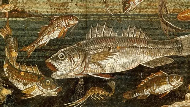 Meeresgetier auf dem Mosaik im Speiseraum des Haus des Faun in Pompeji