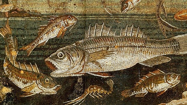 Meeresgetier auf dem Mosaik im Speiseraum des Haus des Faun in Pompeji