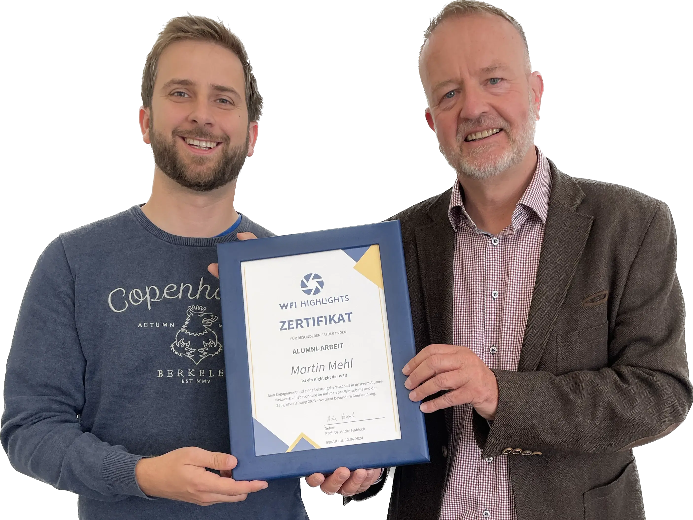 Martin Mehl receives the WFI Highlight certificate for his alumni work.