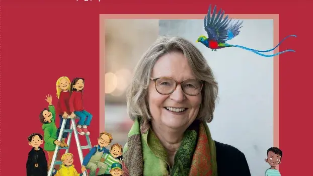 Cover des Sammelbandes "Kirsten Boie". Zu sehen ist ein Porträt der Autorin, umgeben von Darstellungen einiger ihrer bekanntesten Figuren.