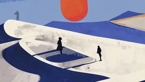Das Bild zum Literaturwettbewerb 2026 zeigt eine weite D&uuml;nenlandschaft mit tiefstehender Sonne, in der einzelne Menschen weit voneinander entfernt stehen.