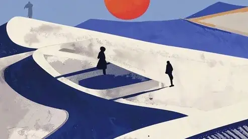Das Bild zum Literaturwettbewerb 2026 zeigt eine weite D&uuml;nenlandschaft mit tiefstehender Sonne, in der einzelne Menschen weit voneinander entfernt stehen.