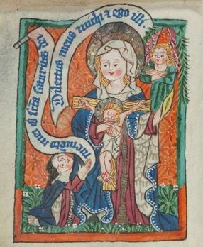 Illustration aus Libellus, die die heilige Elisabeth zeigt, die ein Kruzifix an die Brust drückt