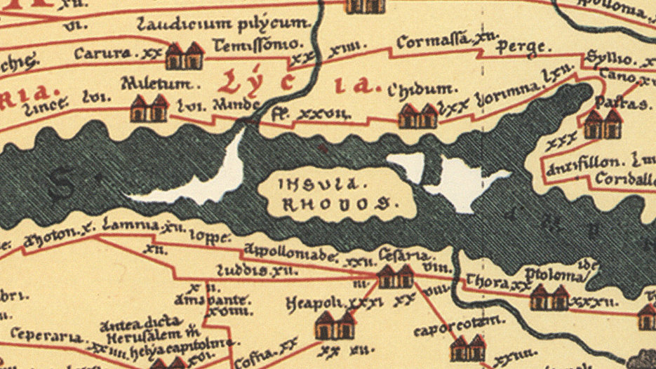 Detail of the “Tabula Peutingeriana”: Different theories regarding the origin of the ancient model after which the “Tabula Peutingeriana” was created are discussed within the academic community.
