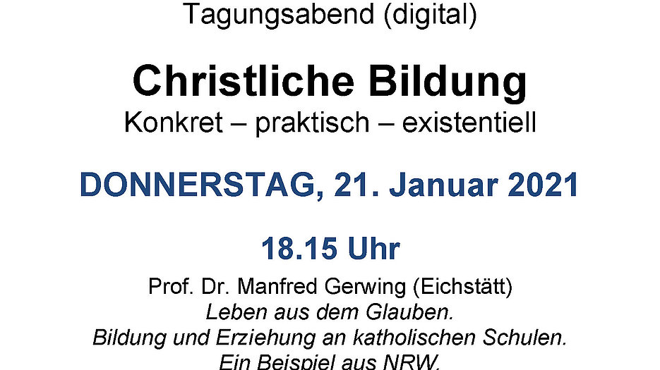 Einladung zu einem Tagungsabend über christliche Bildung an der Theologischen Fakultät der KU Eichstätt-Ingolstadt