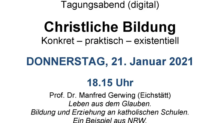 Einladung zu einem Tagungsabend über christliche Bildung an der Theologischen Fakultät der KU Eichstätt-Ingolstadt
