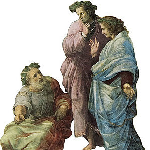 Ausschnitt aus Raffaels Parnass: Horaz, Ovid und Jacopo Sannazaro im Gespräch, Vatikan