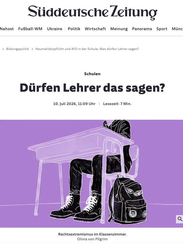 Illustration einer schwarz gekleideten Person, die an einem Schultisch sitzt; daneben steht ein Rucksack vor violettem Hintergrund.