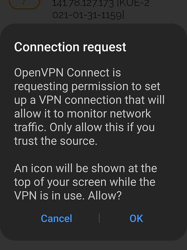 Screenshot der Rückfrage von Android ob OpenVPN VPN-Verbindungen aufbauen darf