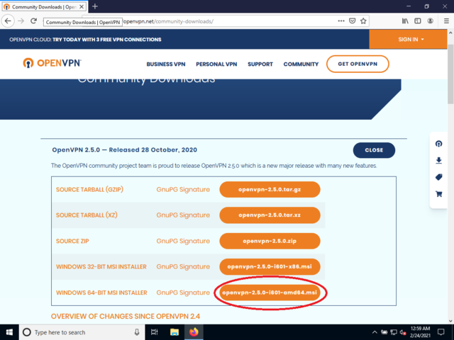 Screenshot der Downloadseite von OpenVPN