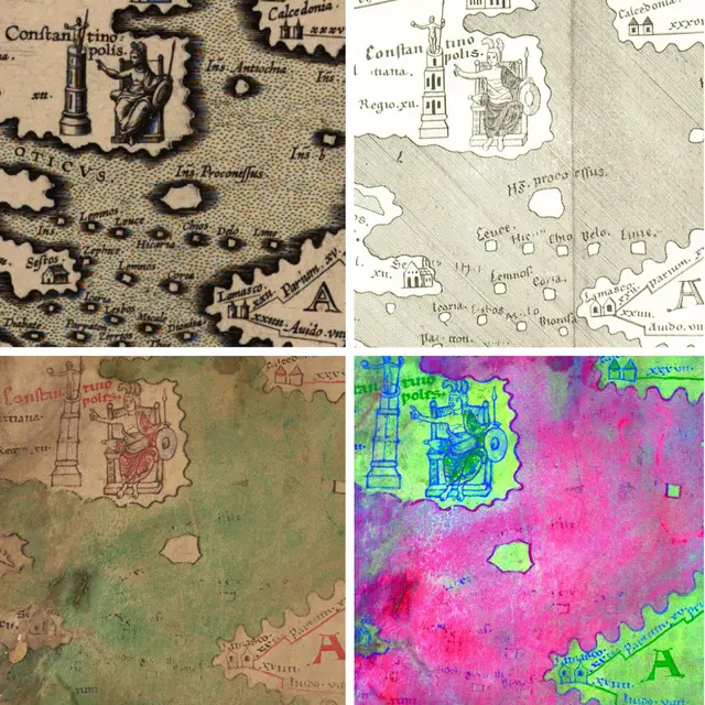 Die &Auml;g&auml;is mit der Insula Antiochia nach Welser (links oben). In der Ausgabe von Scheyb (rechts oben) fehlt die Insel. In der Tabula Peutingeriana wie sie heute erhalten ist (unten links), ist die Insel kaum zu erkennen - in den Fotos der Hyperspektralkamera schon (unten rechts).