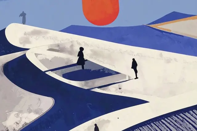Das Bild zum Literaturwettbewerb 2026 zeigt eine weite D&uuml;nenlandschaft mit tiefstehender Sonne, in der einzelne Menschen weit voneinander entfernt stehen.