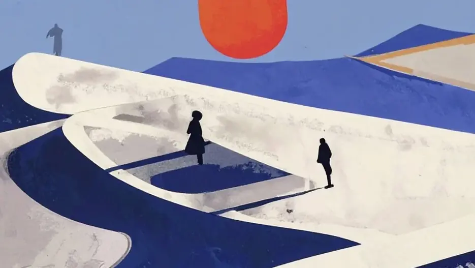 Das Bild zum Literaturwettbewerb 2026 zeigt eine weite D&uuml;nenlandschaft mit tiefstehender Sonne, in der einzelne Menschen weit voneinander entfernt stehen.