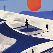 Das Bild zum Literaturwettbewerb 2026 zeigt eine weite D&uuml;nenlandschaft mit tiefstehender Sonne, in der einzelne Menschen weit voneinander entfernt stehen.