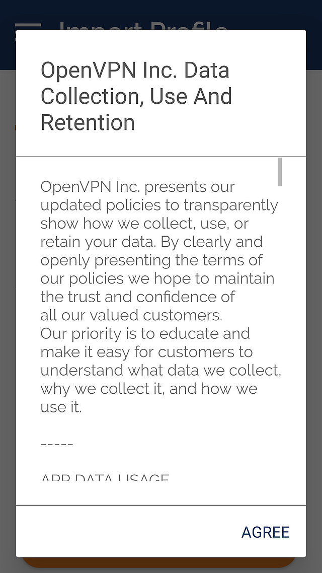 Screenshot der Einwilligungserklärung zur Datennutzung von OpenVPN