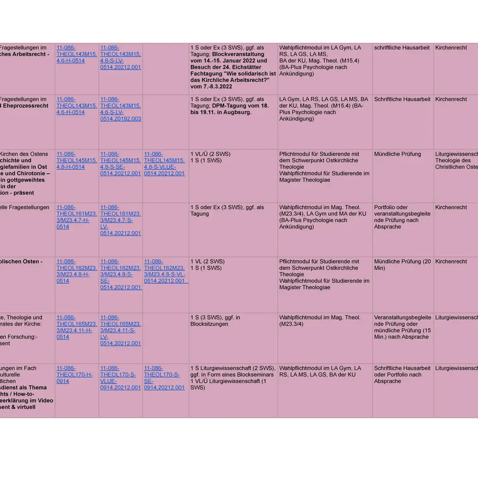 Liste der Wahlmodule der Theologischen Fakultät im Wintersemester 21 22