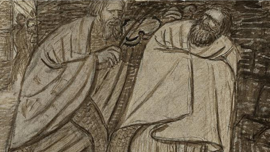 Illustration von zwei Figuren aus dem Nibelungenlied die sich treffen