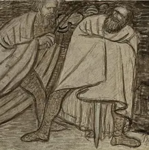 Illustration von zwei Figuren aus dem Nibelungenlied die sich treffen