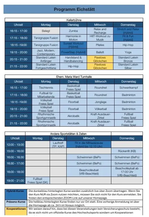 Belegungsplan Eichst&auml;tt