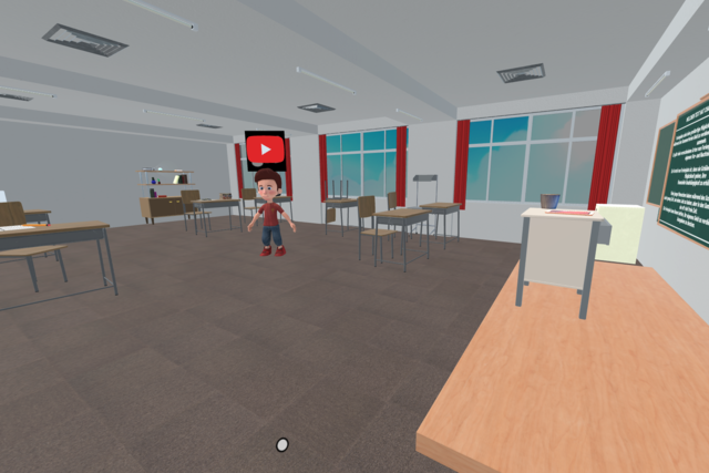 Ein Klassenzimmer in Virtual Reality. In der Mitte steht ein Schüler.