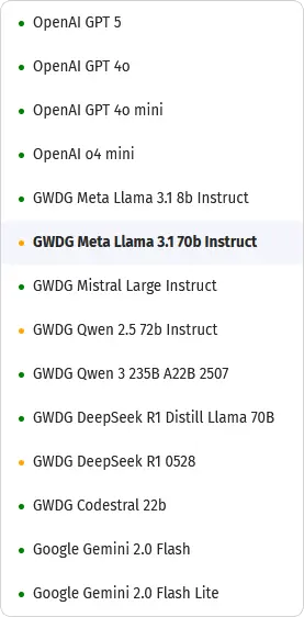 HAWKI 2.0.1: Liste der LLMs