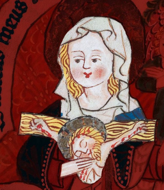 Vor rotem Hintergrund drückt eine gezeichnete Nonne ein Kruzifix an die Brust