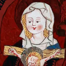 Vor rotem Hintergrund drückt eine gezeichnete Nonne ein Kruzifix an die Brust