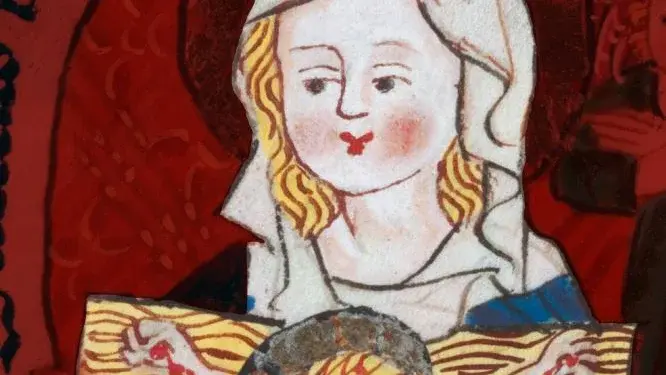 Vor rotem Hintergrund drückt eine gezeichnete Nonne ein Kruzifix an die Brust