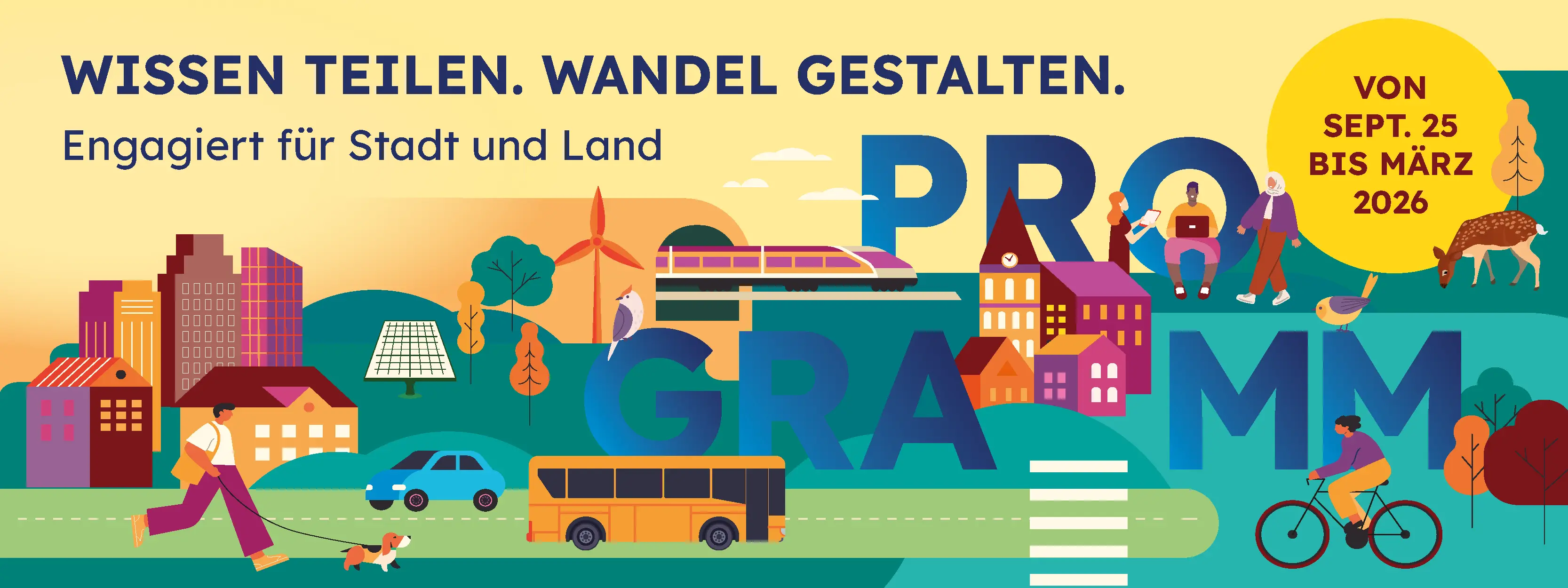 Das Bild ist ein Header für das Winterprogramm. Es zeigt Icons wie Häuser, Verkehrsmittel, Menschen und Tiere und weist darauf hin, dass das Programm von September 2025 bis März 2026 gültig ist. 