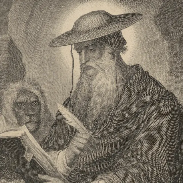 Hieronymus mit Kardinalshut und Löwe