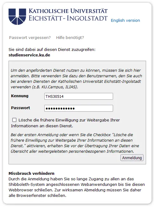 Login Maske Studienservice