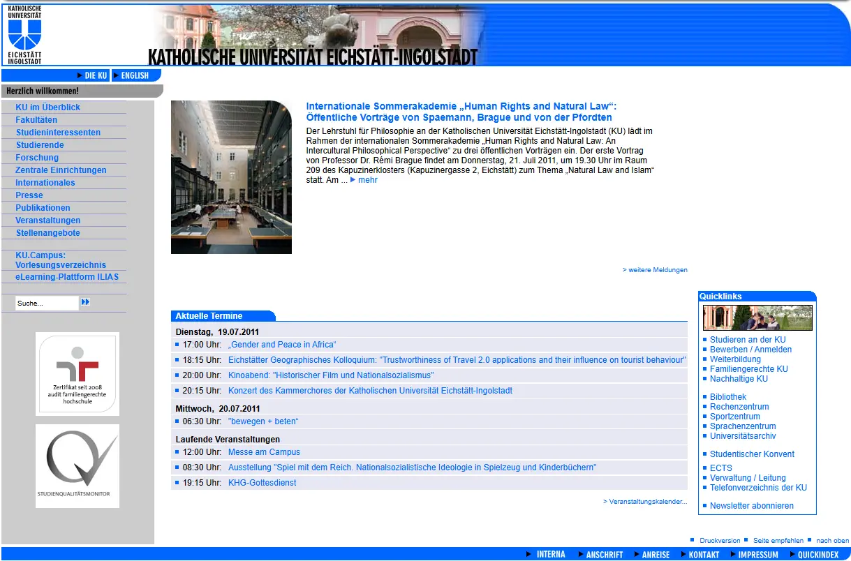 Webauftritt der KU mit KONTENTOR (2011) 