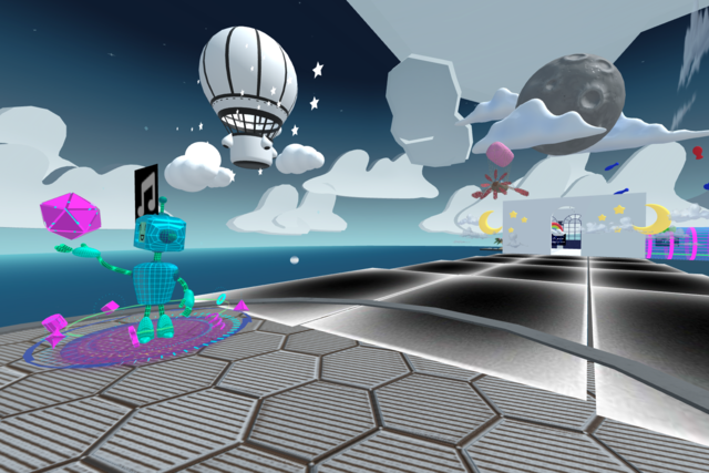 Zu sehen ist ein Roboter in einer futuristischen VR-Welt mit Wolken und einem Heißluftballon. 