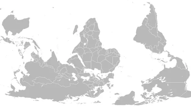 Weltkarte mit politischen Grenzen, Süd-Nord ausgerichtet.