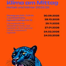 Das Bild zeigt auf rotem Hintergrund den Schriftzug "Klima am Mittag" und listet alle Termine der Reihe im Winter 2025/26 auf.