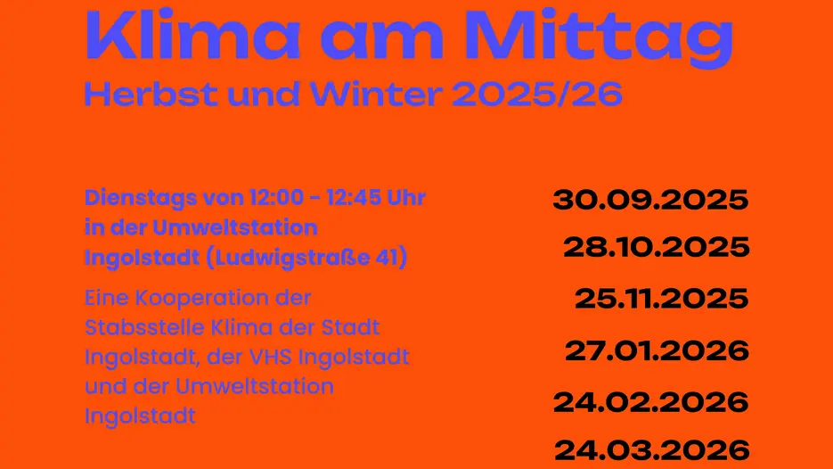 Das Bild zeigt auf rotem Hintergrund den Schriftzug "Klima am Mittag" und listet alle Termine der Reihe im Winter 2025/26 auf.