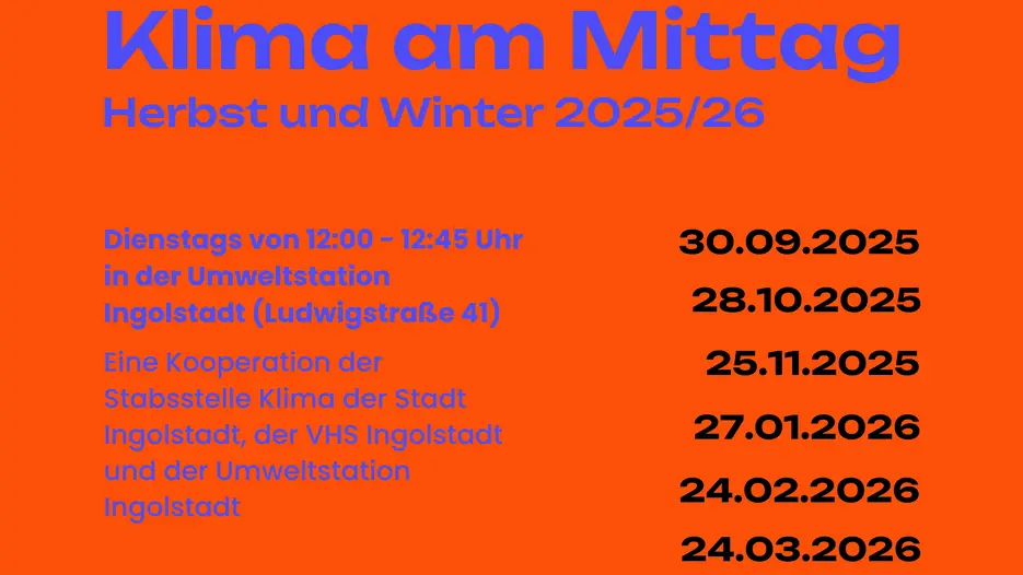 Das Bild zeigt auf rotem Hintergrund den Schriftzug "Klima am Mittag" und listet alle Termine der Reihe im Winter 2025/26 auf.