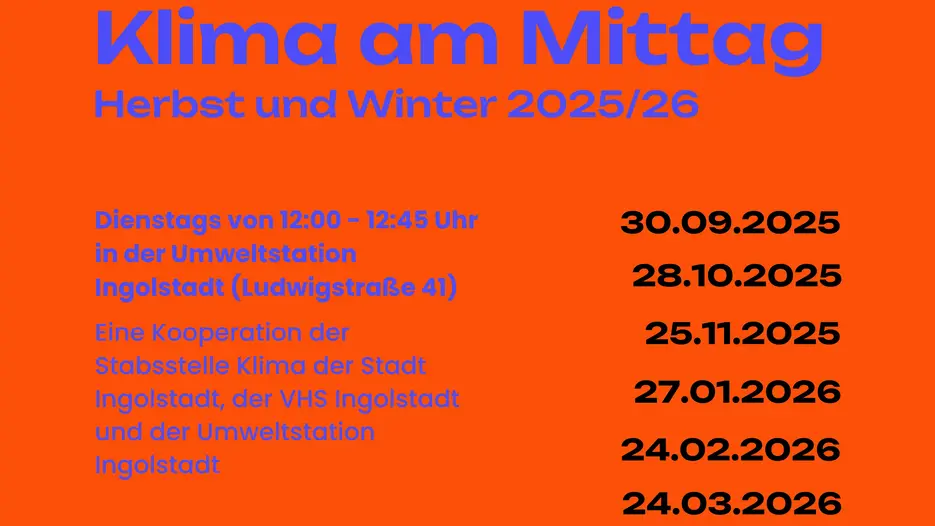 Das Bild zeigt auf rotem Hintergrund den Schriftzug "Klima am Mittag" und listet alle Termine der Reihe im Winter 2025/26 auf.