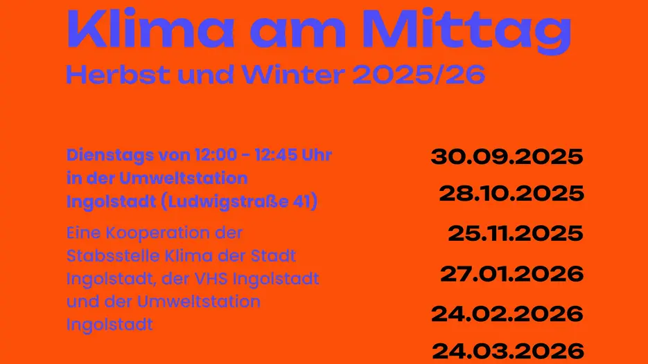 Auf rotem Hintergrund steht "Klima am Mittag" als Überschrift. Darunter werden die Termine der Reihe "Klima am Mittag" aufgelistet.