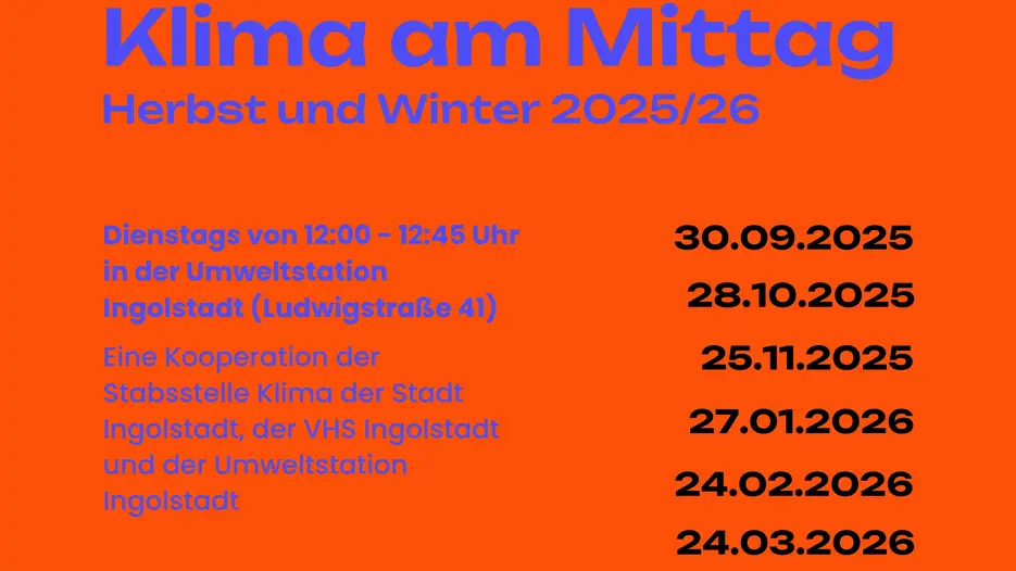 Das Bild zeigt auf rotem Hintergrund den Schriftzug "Klima am Mittag" und listet alle Termine der Reihe im Winter 2025/26 auf.