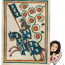Illustration aus dem Codex Manesse von Hartmann von Aue mit einer Grafik auf der rechten Seite von zwei Figuren, die neugierig dahinter hervorblicken