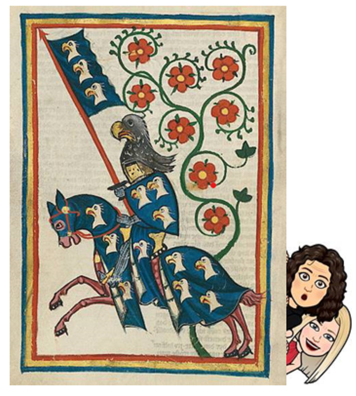 Illustration aus dem Codex Manesse von Hartmann von Aue mit einer Grafik auf der rechten Seite von zwei Figuren, die neugierig dahinter hervorblicken