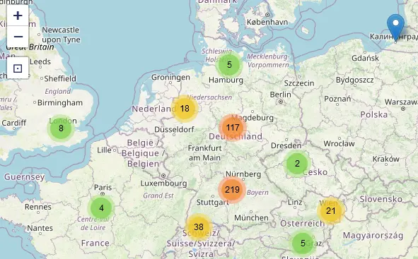 Die Übersichtskarte der Datenbank dokumentiert die geographische Verteilung bislang recherchierter Titularbücher 