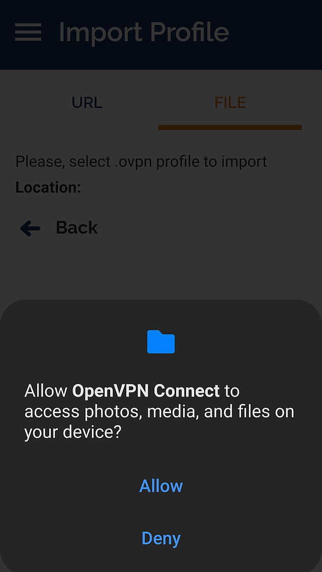 Screenshot der Rückfrage ob "OpenVPN Connect" Zugriff auf Ihre Daten erhalten